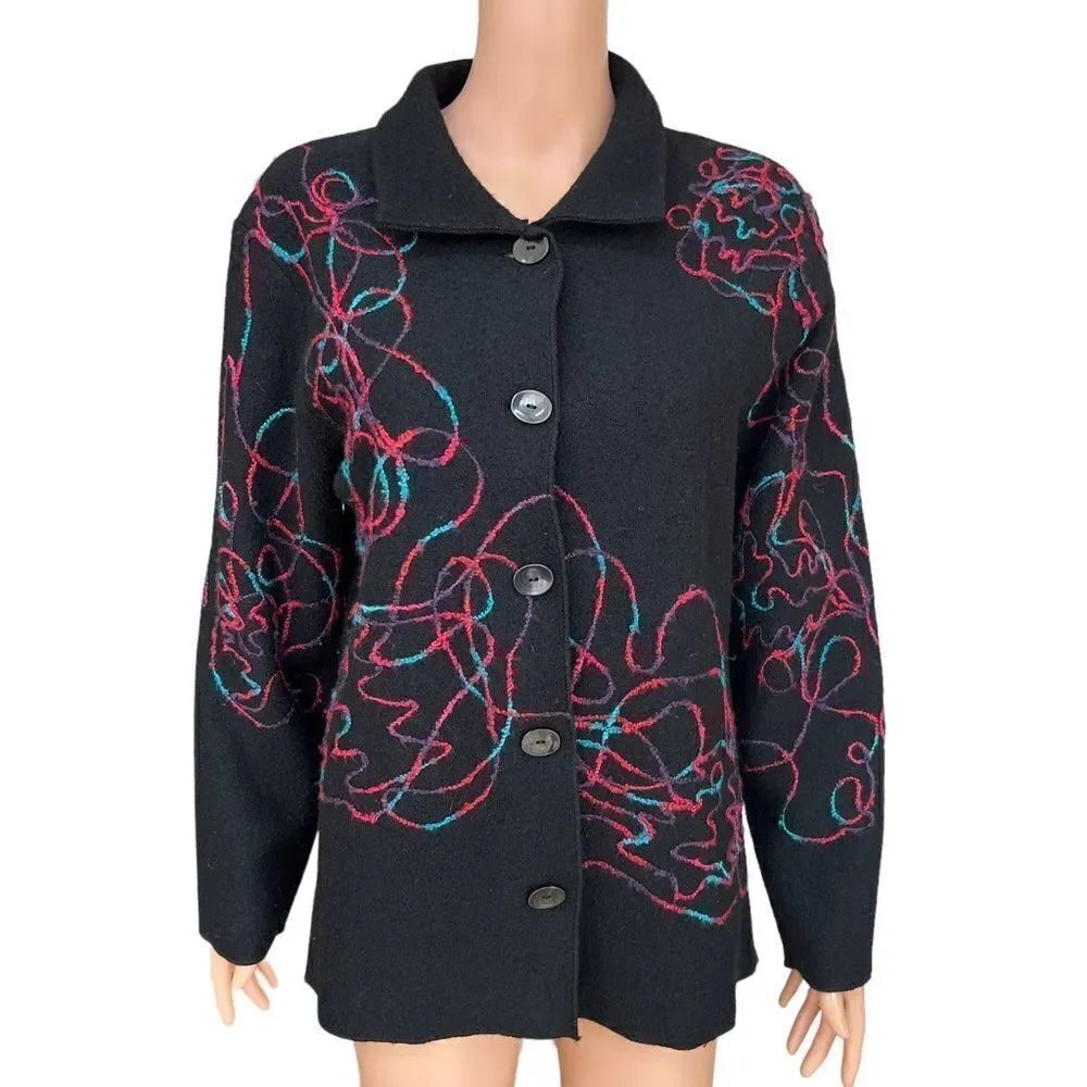 ColdWater Creek Women Black 100% Wool Buttons Long Sleeve Casual Sweater Size L